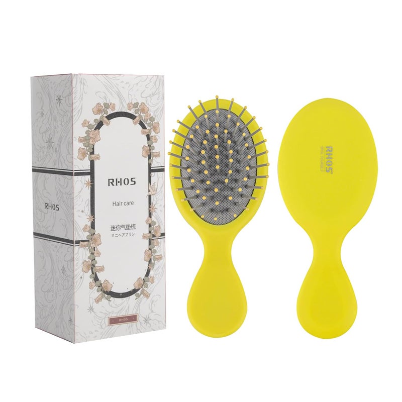 RHOS Mini Hair Brush for Women,Men and Kids-Travel Size Hair Brush for Purse,Pocket,backpack-Small Cushion Paddle Brush with Soft Bristles-Mini Detangler Brush for All Hair Types(1 Pack-Yellow) - Image 1